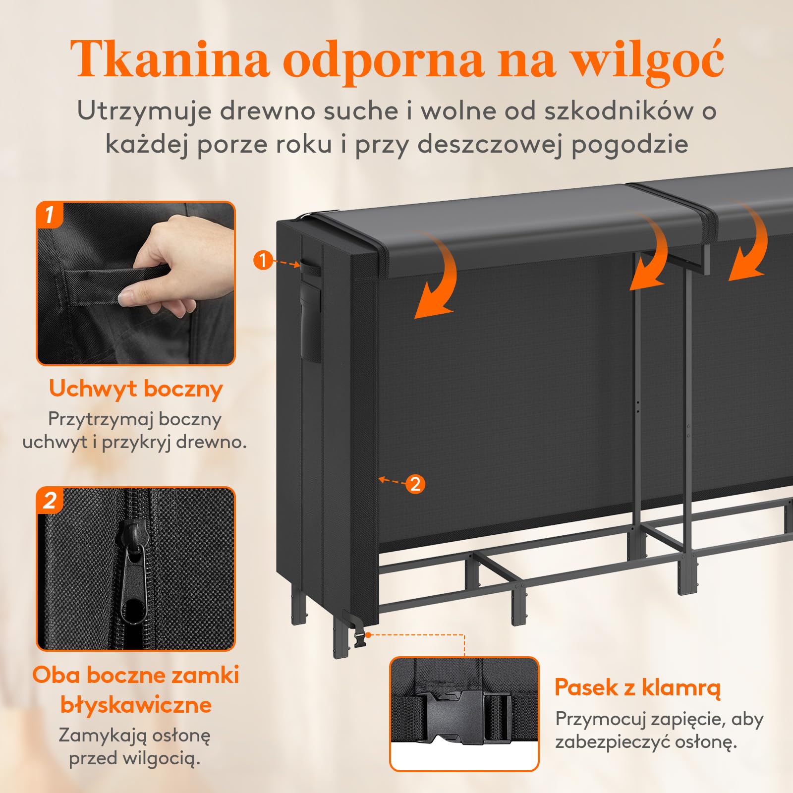 Lifewhite Drewniane Pudełko do Przechowywania Wewnątrz, 243.8×58.5×122cm Drewna Opałowego na Zewnątrz z Wodoodporną Pokrywą Boczna Kieszeń Wnętrz, Czarna