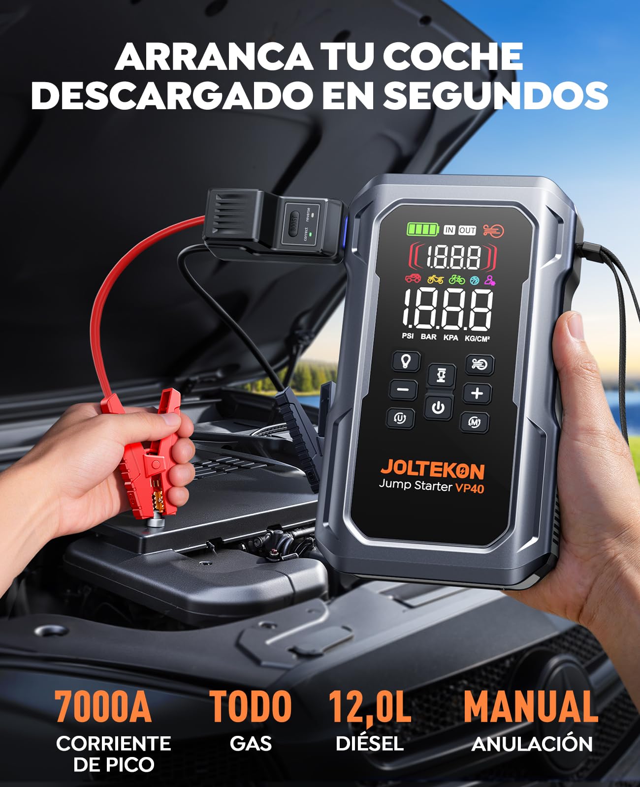 Arrancador de Baterías de Coche con Compresor de Aire y Soplador, 7000A Joltekon 12V Arrancador de Coche Portatil (Todo Gas/12,0L Diesel) con 160PSI Inflador, Soplador de Inflado/Desinflado y Linterna