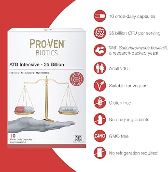 Pro-Ven Biotics ATB Intensive | for Use Alongside Antibiotics | Gut Health & Immune System Support | 35 Billion CFU | Reduces Stomach & Bile Acids | 10 Capsules