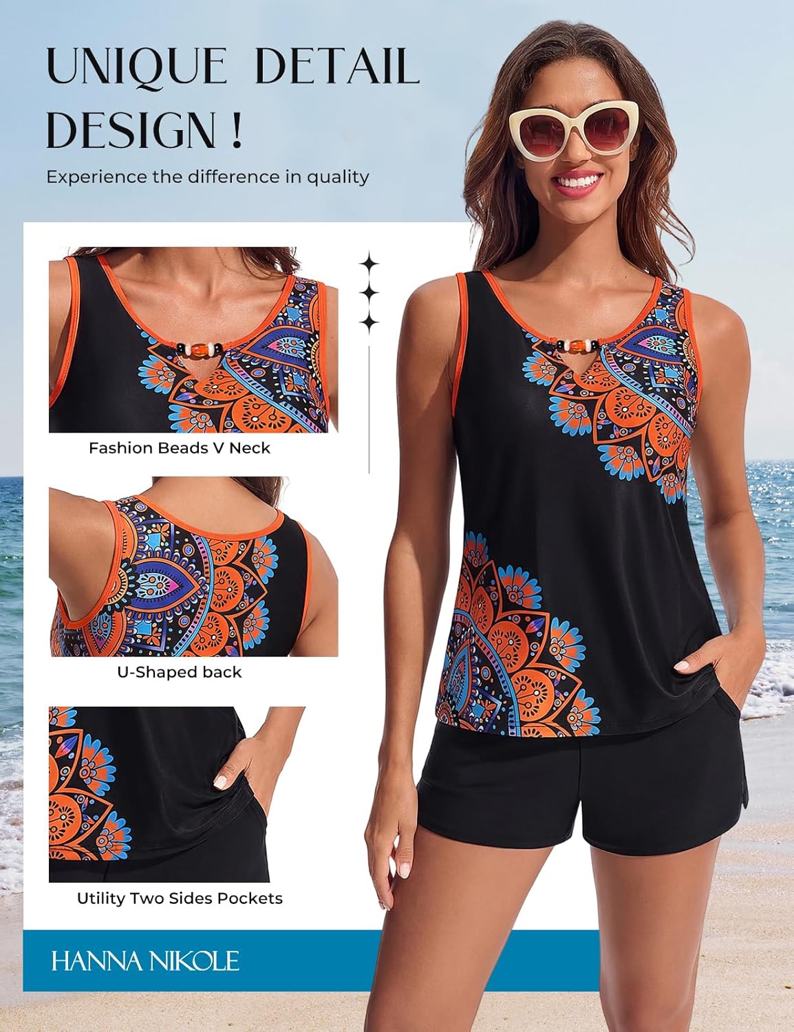 Hanna Nikole Women 2 Piece Tankini Swimsuits, Modest Bathing Suit, Beads V Neck Swimwear with Sporty Swim Shorts Pockets