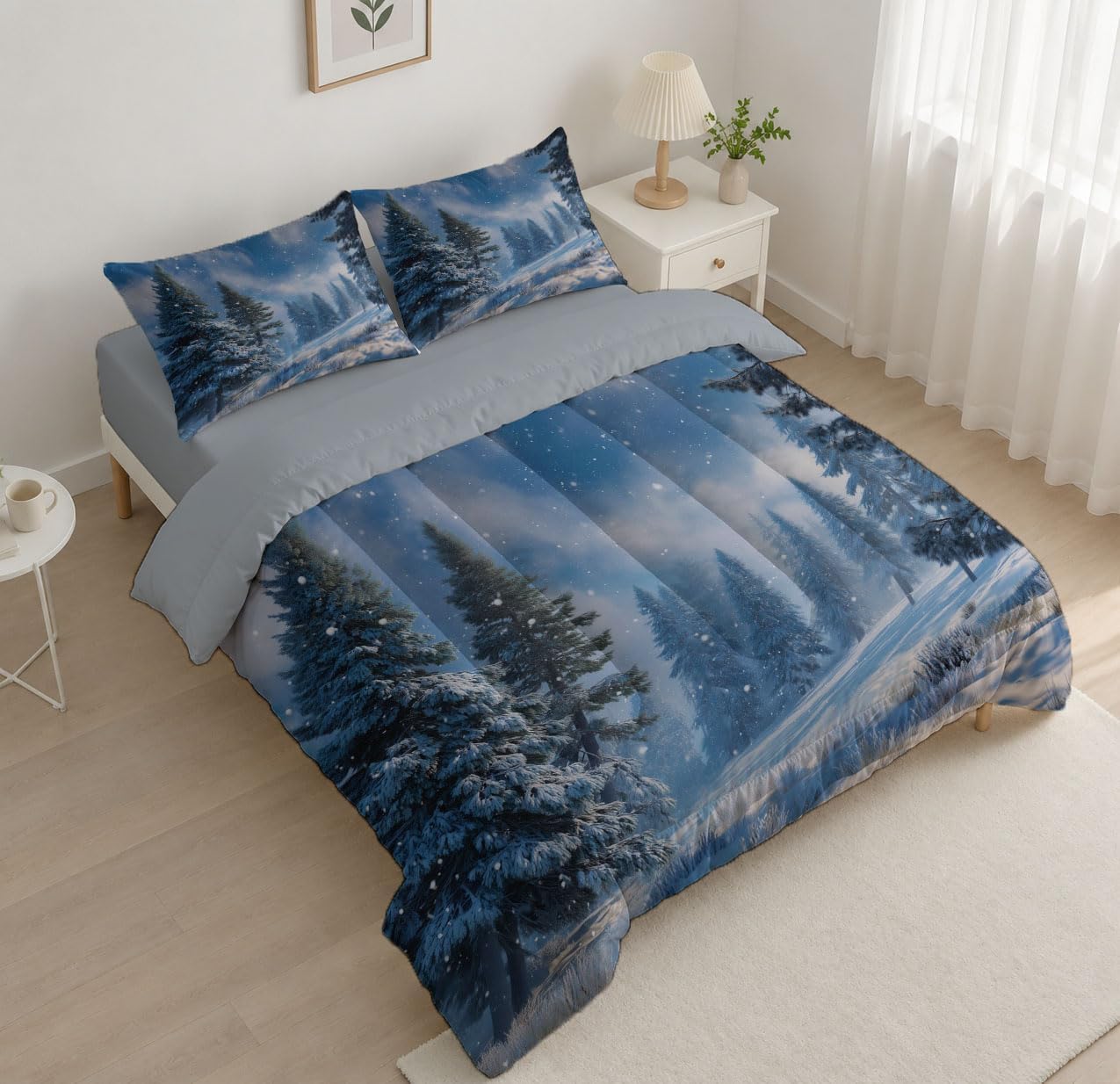 3 Piece Quilts Queen Size Bedding Set, Ice Blue Lightweight Bedspread, Soft Microfiber, Snowflake Pine Pattern for All Season Bed Coverlet with 2 Pillow Shams, 90"X90"