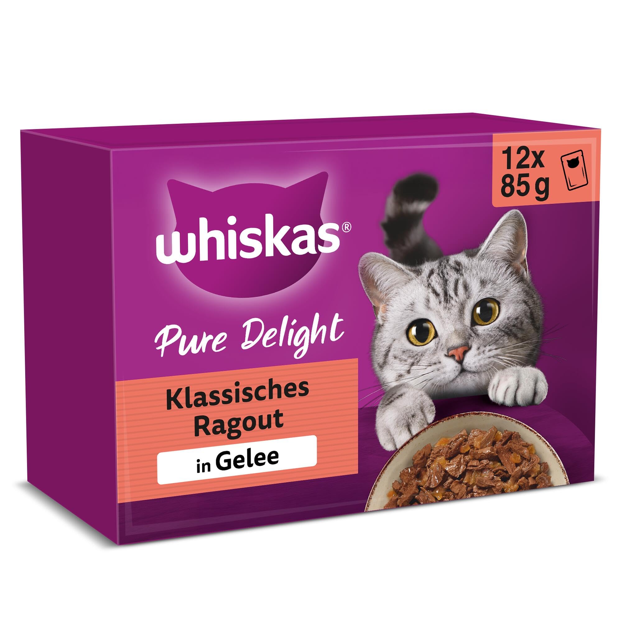 WHISKAS PURE DELIGHT Nassfutter in Gelee 12 x 85g Klassisches Ragout (4 Packungen) 48 Portionsbeutel