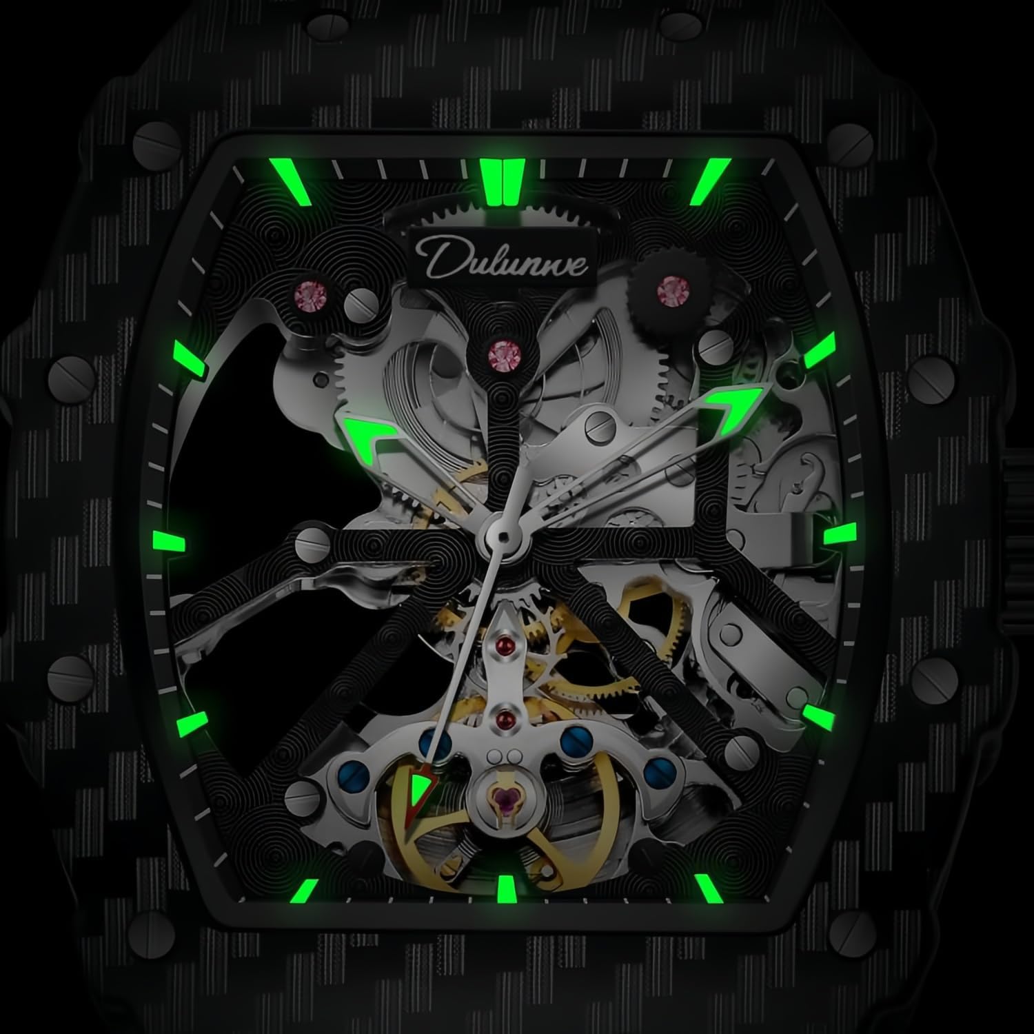 CARLIEN Mens Fashion Automatic Skeleton Luminous Tonneau Watch Silicone Band Big Face Waterproof Hollow Casual Cool Wrist Watch for Men - Image 5