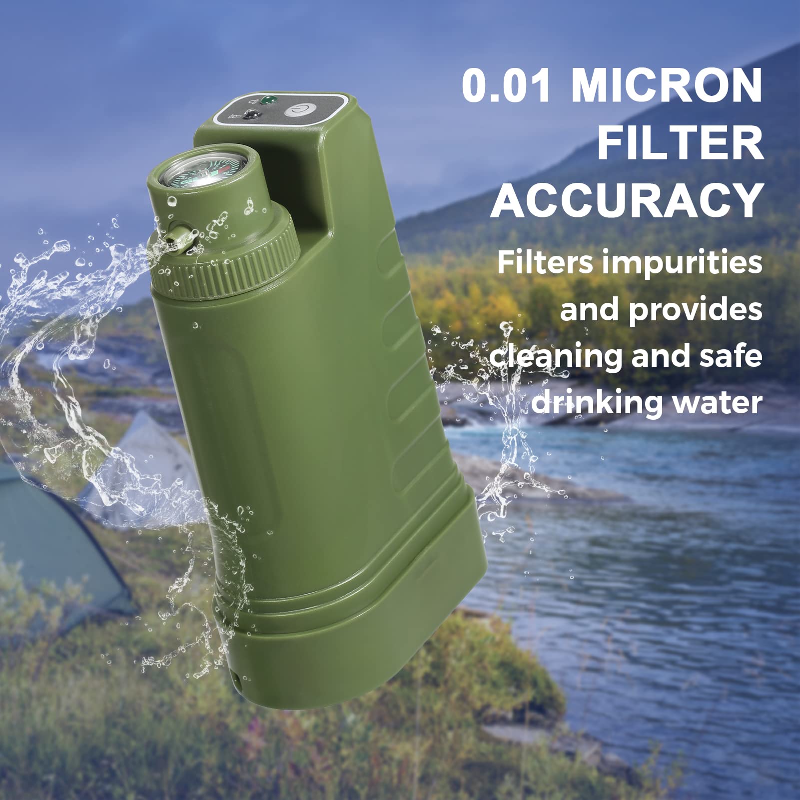 Jemora Sistema di filtraggio dell'acqua elettrico Kit di sopravvivenza Filtro dell'acqua portatile alimentato tramite USB con luce notturna e bussola per campeggio all'aperto Escursionismo Zaino in sp