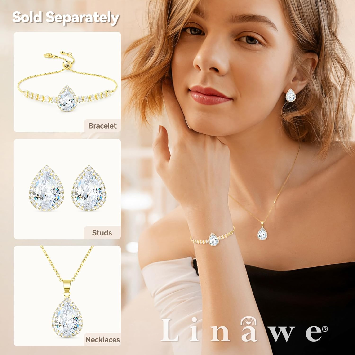Linawe Women Stud Earrings, Teardrop Diamond Moissanite Cubic Zirconia Earrings Studs Rhinestone Jewelry Gold/Silver/Rose Gold - Image 4