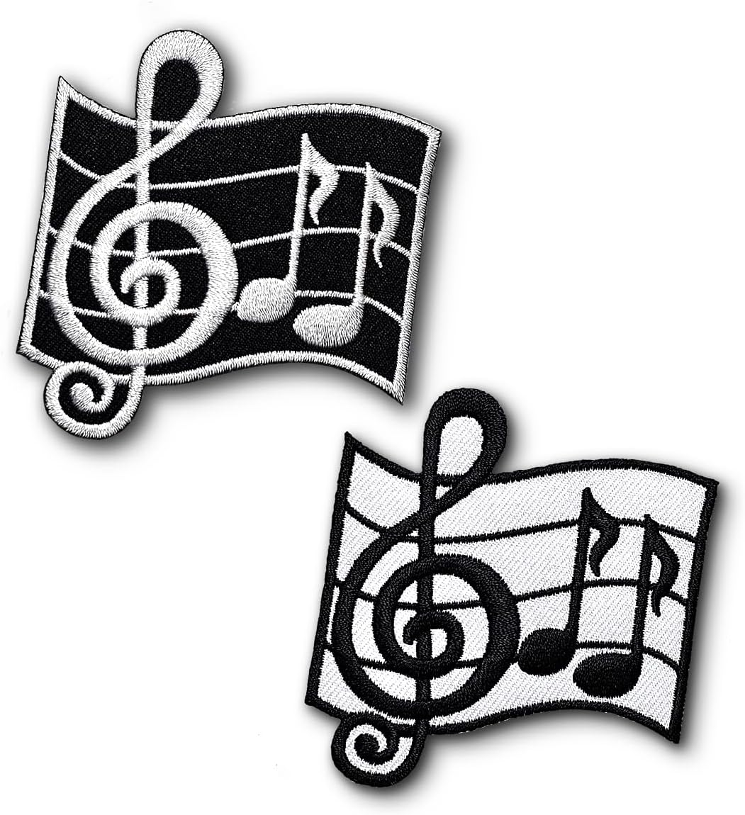 2 Pcs Musical Notes G Black & White Classical Clef Music Scale Piano Symbol Sign Iron on Sew on Embroidered Applique Patch for Jackets Jeans Clothing