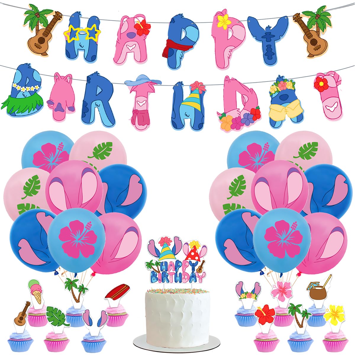 Cartoon Party Decorations, Blue Luau Birthday Banners, Palm Leaves Balloons,Cake Toppers