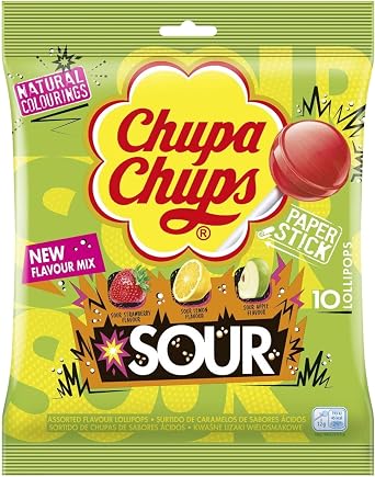 Chupa Chups Sour Lollipops - Tangy Cherry, Apple & Lemon Flavours, 120g - 1x Pack of 10