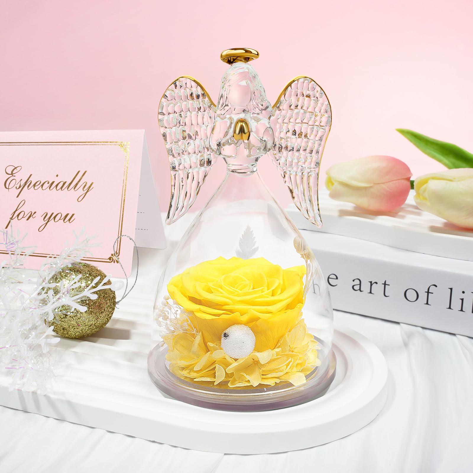 Sunia Rosa Eterna Regalos Originales para Mujer, Flores Preservadas Regalo Madre, Flore Eterna con Figura Ángel Regalo Cumpleaños Mujer Mama Abuela, Regalos Navidad San Valentin Dia de la Madre