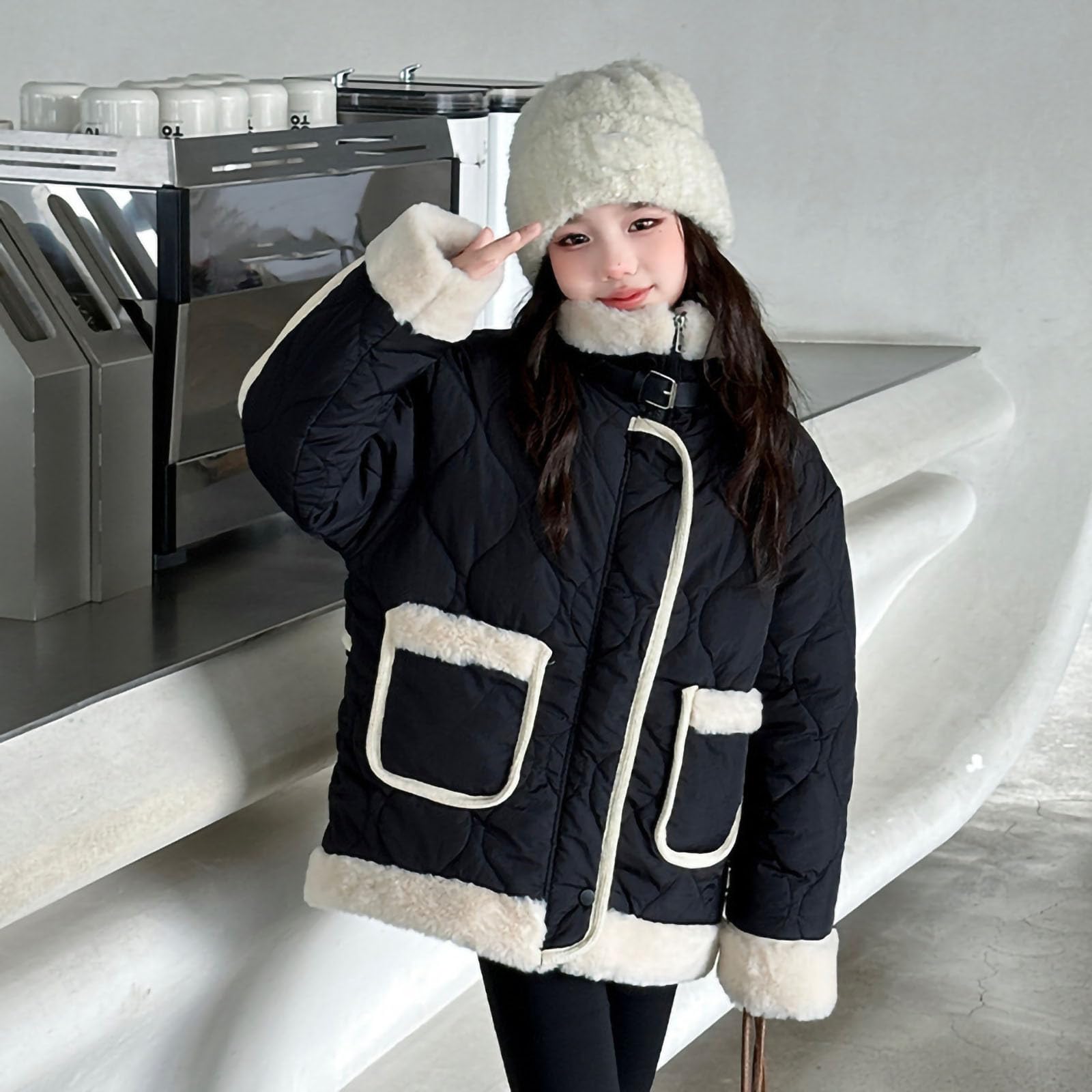 Abrigos con forro de sherpa para niñas, chaquetas acolchadas de forro polar de gran tamaño, con solapa y botones, con cremallera, abrigos con bolsillos, chaqueta de invierno para clima frío de