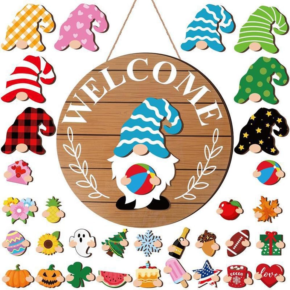 UDSKNV[KSL Interchangeable Wooden Gnome Welcome Sign with Magnet Pieces Holiday Decor Seasonal Wood Carving B