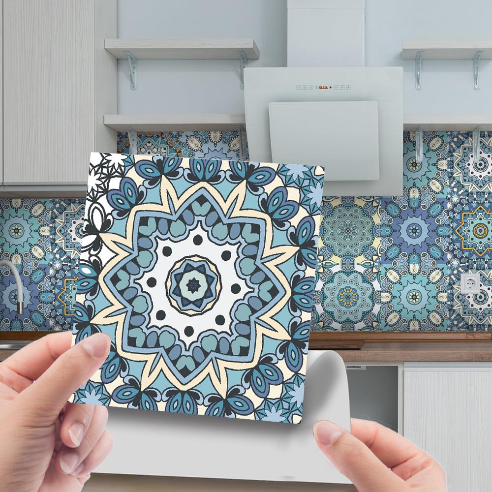 LMYSXAOZ 24 PCS Tile Stickers Stick on Tiles, Self Adhesive Wall Tiles for Kitchen Bathroom, Oil Proof Peel and DIY Floor Mandala (20x20cm,Blue)