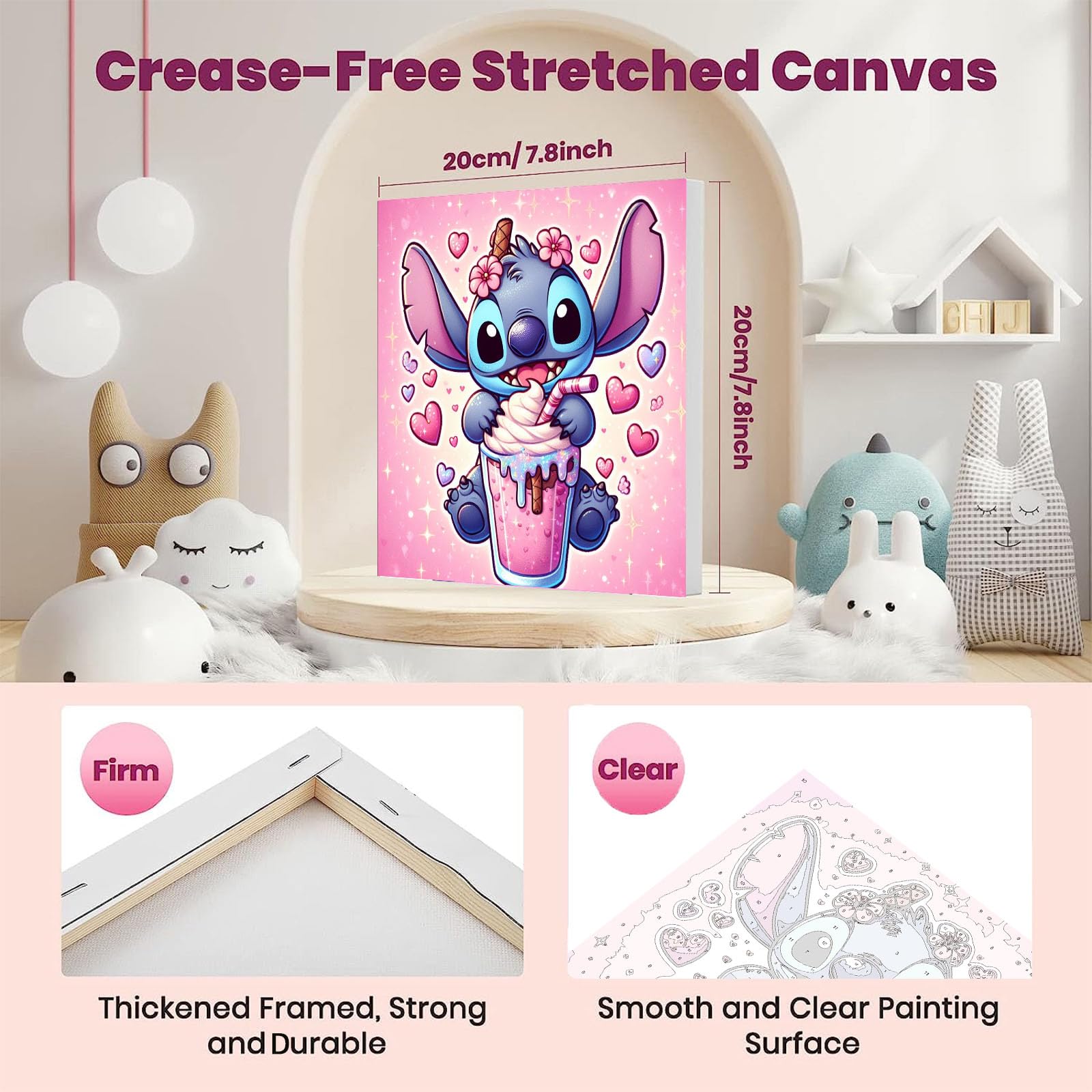 KOJEFCV 4 Pack Cartoon Paint by Numbers for Kids with Framed Canvas-with Wooden Easel, Paint by Number for Kids Ages 4-8-12, DIY Easy Acrylic Oil Painting Kits for Home Wall Decor (8X8inch)