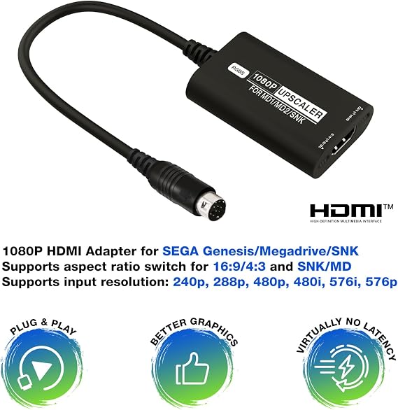 BITFUNX SEGA Genesis/Megadrive/SNK HDMITM Adapter - Supports RGBS to 1080P HDMITM Upscaler and 16:9/4:3 Switch, Plug & Play Video Game Adapter with No Lag, for Genesis MD1/2 SNK