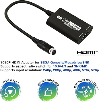 BITFUNX SEGA Genesis/Megadrive/SNK HDMITM Adapter - Supports RGBS to 1080P HDMITM Upscaler and 16:9/4:3 Switch, Plug & Play Video Game Adapter with No Lag, for Genesis MD1/2 SNK