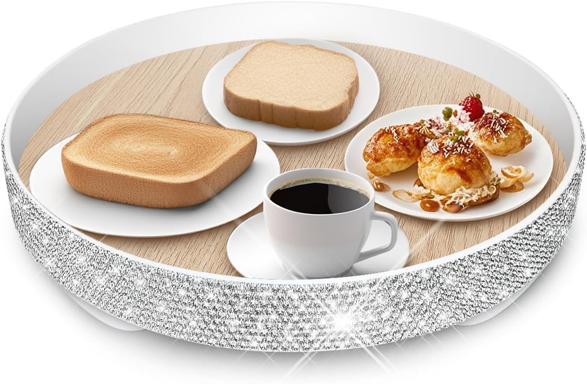 Bling Decorative Tray for Coffee Table，Glitter Round Tray Decor Coffee Table Decor Table Trays Decorative，Shiny Perfume Organizer Dresser Perfume Tray (Round - 12“)