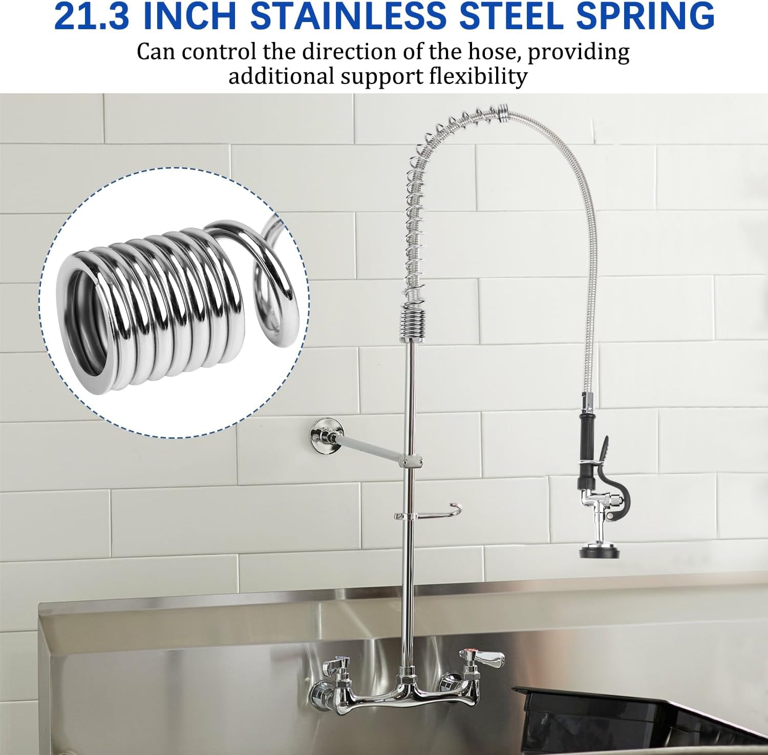 COOLWEST Pre Rinse Spray Valve with 44” Commercial Sink Sprayer Hose and Overhead Spring, Black Pre Rinse Sprayer with Stainless Steel Hose & Spring Replacement Kit for Commercial Kitchen Faucets