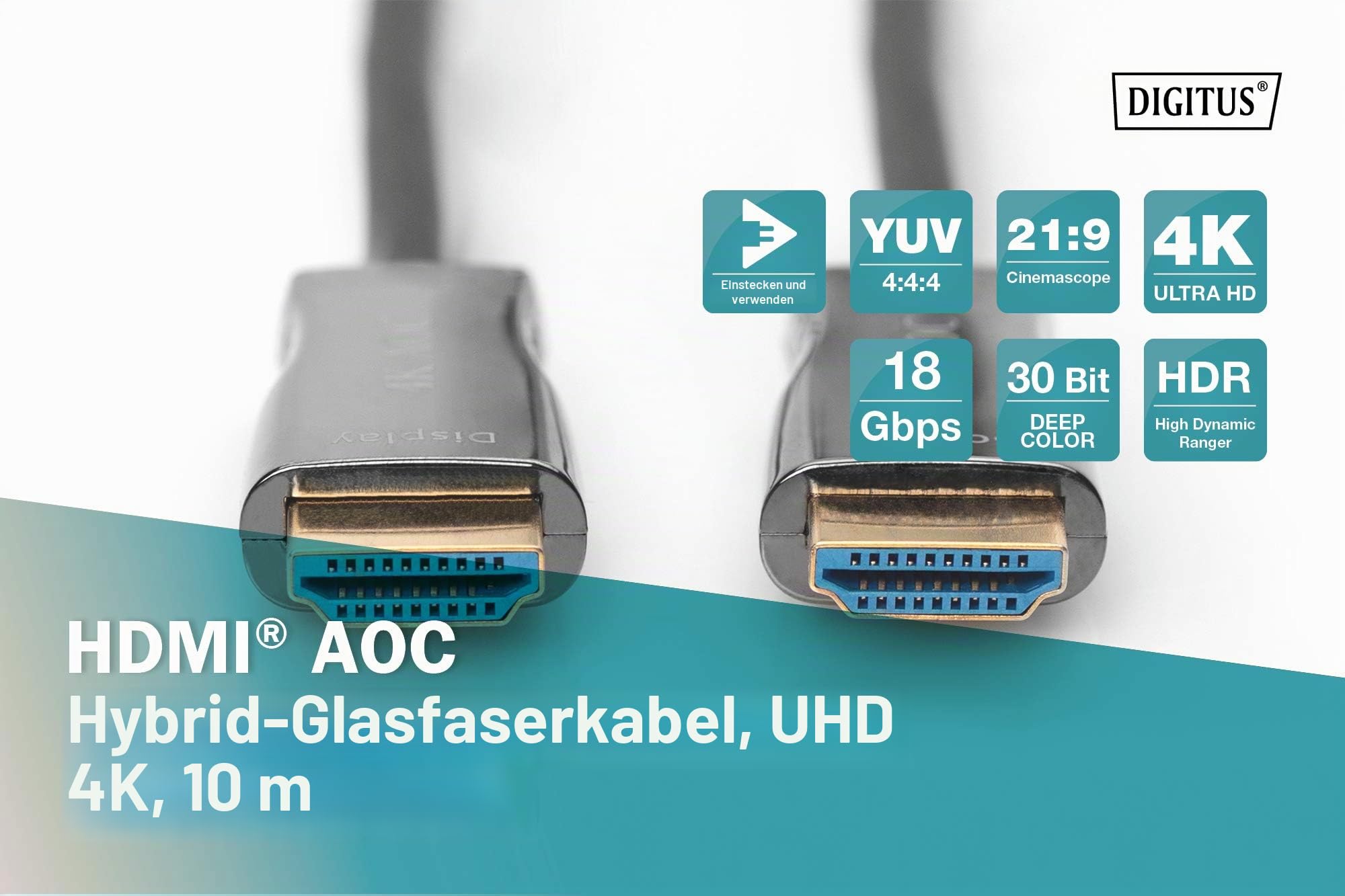 Digitus Cavo In Fibra Ottica Ibrido Hdmi Aoc, Uhd 4k, 20 M (hdmi Aoc Hybrid Fiberoptic - Cab.typE-A 20m Uhd 4k 60hz Gold/) | 18 Gbps – ARC, HDR, HDCP 2.2, CEC – AOC Hybrid-Kabel – vergoldete Kontakte – HDMI-Glasfaserkabel – Schwarz