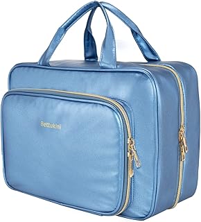 Toiletry Bag for Women, Large Travel Toiletry Bag with Jewelry Organizer Leather Toiletry Bag with Hanging Hook Waterproof Toiletry Organizer for Full Sized Toiletries Shampoo Cosmetics Blue