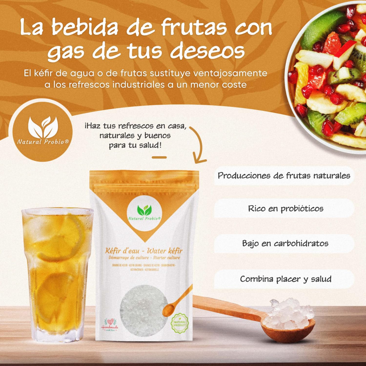 Natural Probio® Kéfir de agua - Kit de inicio de cultivo - Granos de kéfir de frutas + Instrucciones completas, receta y consejos + Acceso a Ebook y recetas (10g deshidratado / 60g rehidratado)