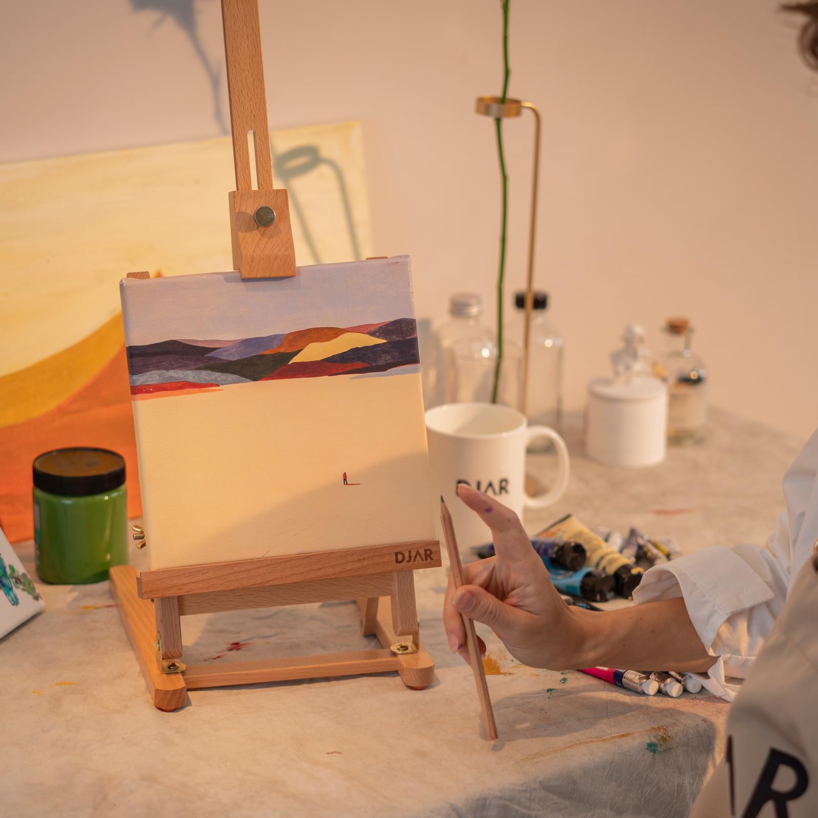 25" Mini H-Frame Caballete de Arte, Ajustable de madera de haya caballete de sobremesa de madera para la pintura, la pintura portátil de visualización de dibujo de pie para adultos, natural