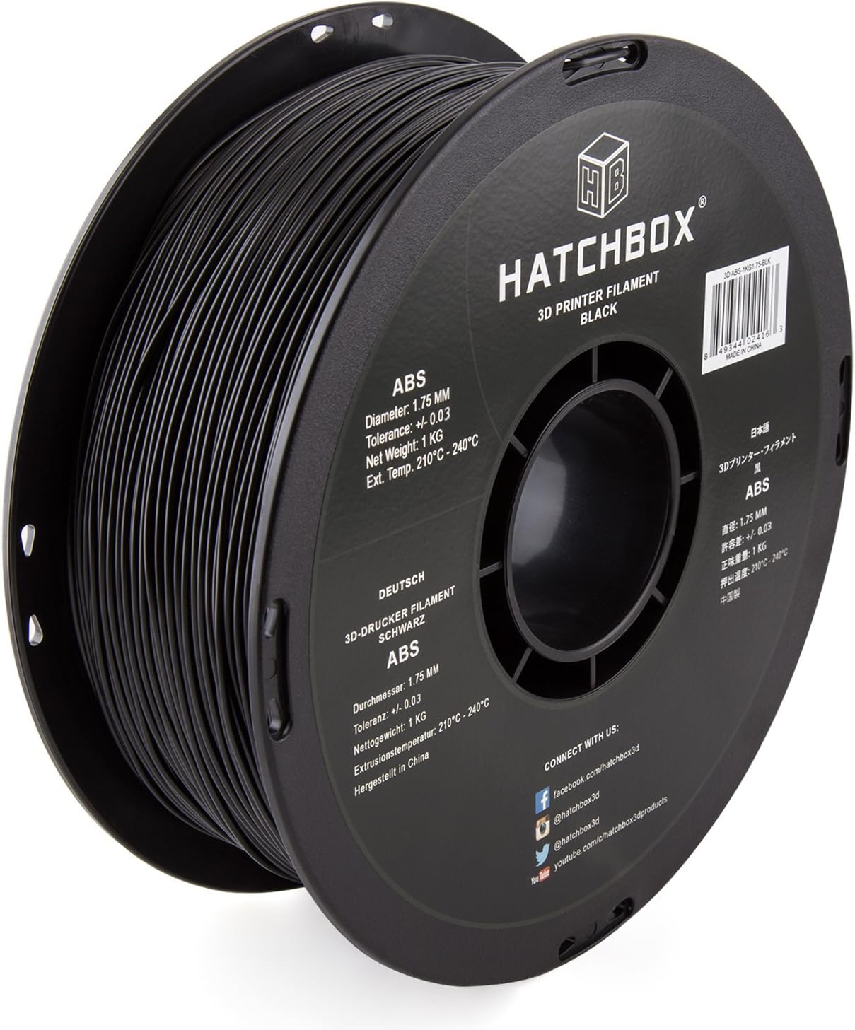 ABS 3D Printer Filament, Dimensional Accuracy +/- 0.03 mm, 1 kg Spool, 1.75 mm, Black