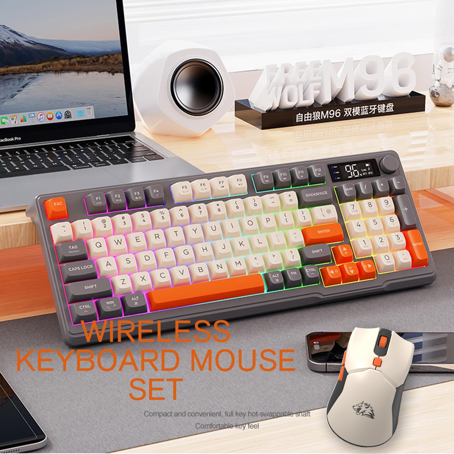 ZIYOU LANG×FREEWOLF T96 Kabelloses Gaming-Tastatur- und Maus-Set, BT/2,4 GHz, Smart Display und Knopf, Regenbogen-Hintergrundbeleuchtung, Aufladbare QWERTY-Tastatur,Drahtlos ComputerMaus –Schimmern