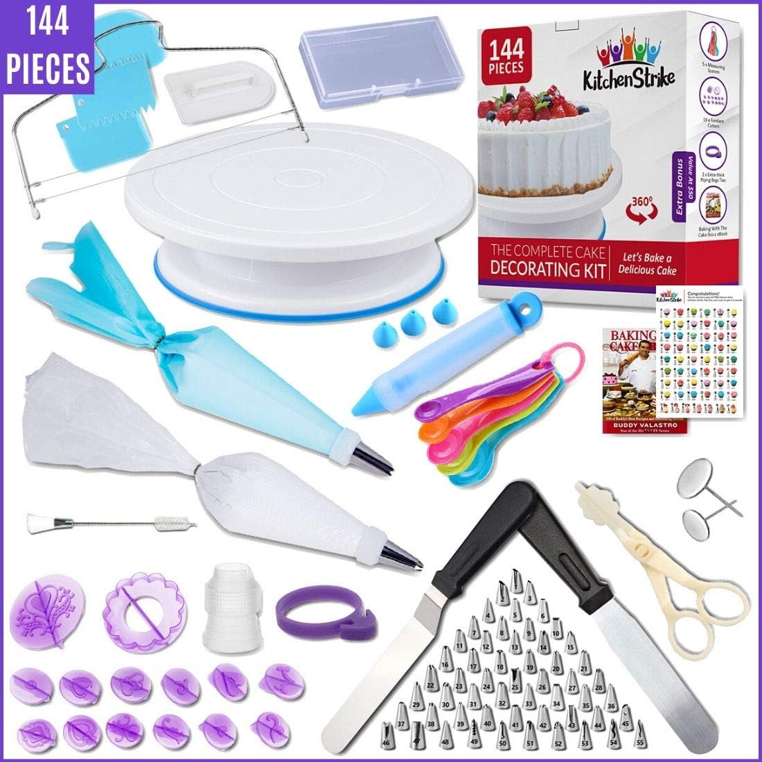 Kitchen Strike Cake Decorating Kit - 144 Piece Baking supplies With Bonus Accessories Of Fondant Tools, Spoons, Piping Bags Tie and eBook - Smooth Cake Turntable Spinner With Non-slip Silicone Base