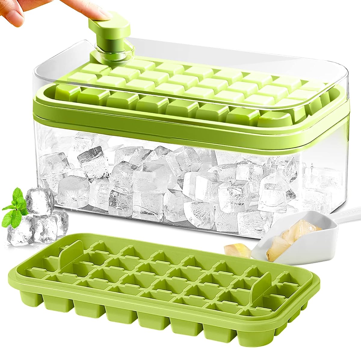 Bandeja para cubitos de hielo con tapa y contenedor, paquete de 2, 64 bandejas de hielo para congelador | Botón de presión de fácil liberación de silicona, 2 bandejas de 64 cubos, apilable, recipiente y cuchara de almacenamiento, sin BPA, para bebidas, café, whisky