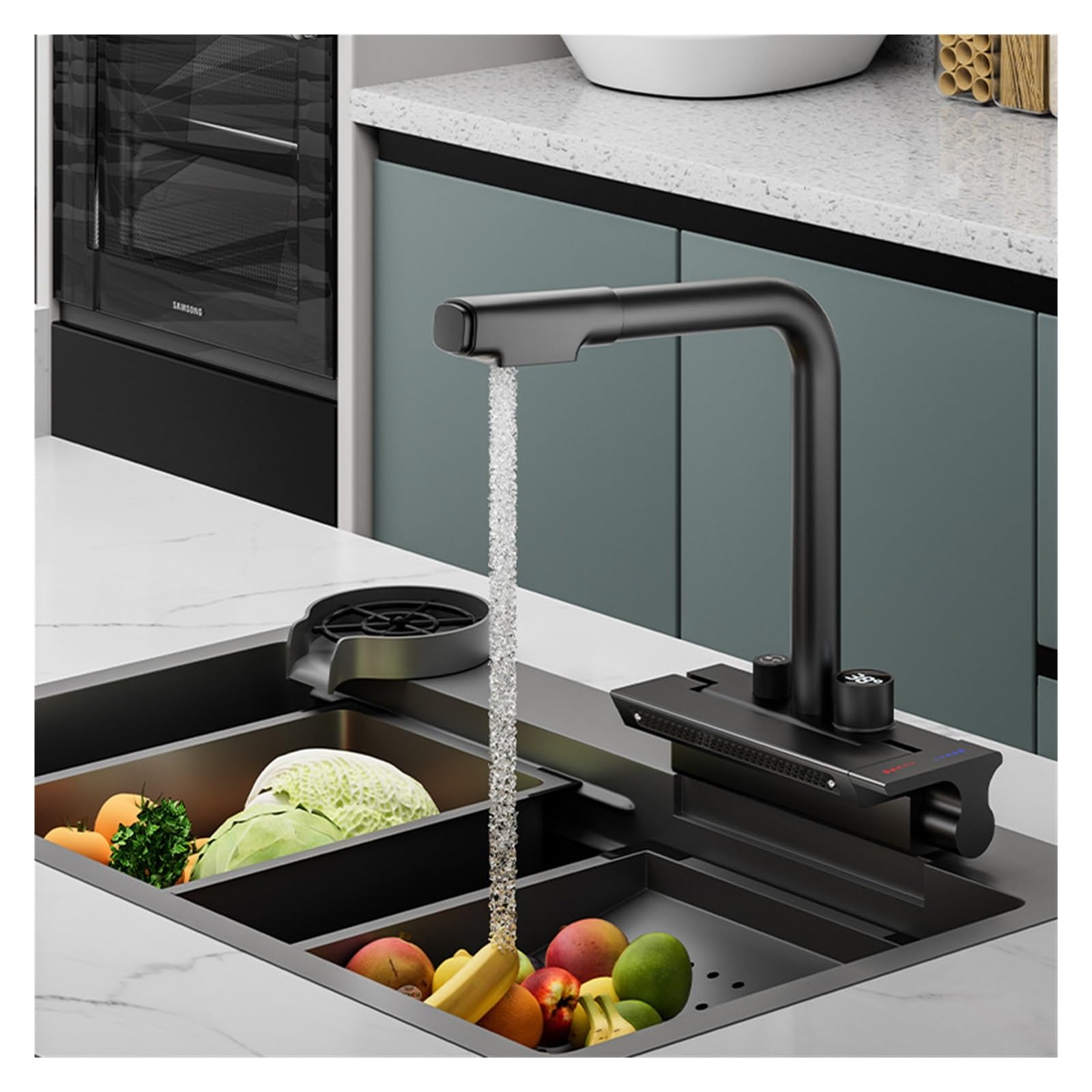 ZYCHSJXA Waterfall 3 Effluent Modes Faucet Basin Sink Single Hole PullOut with Digital Display All Copper Kitchen Faucet(C)