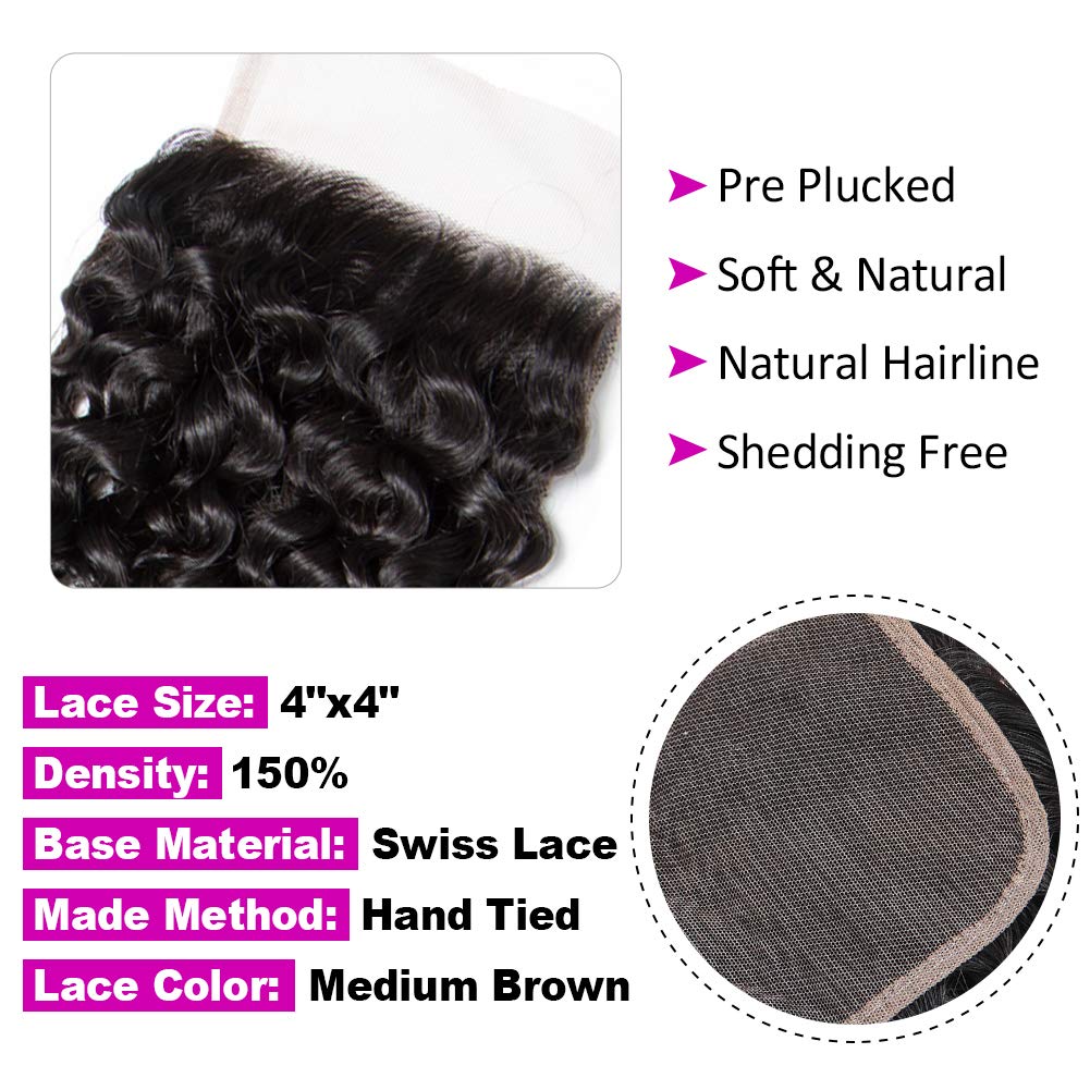 Flady Brazilian Curly Hair with Closure 10a Unprocessed Brazilian Virgin Hair 3 Bundles with Free Part Closure Natural Black Human Hair Bundles With Closure (20 22 24+18inch)