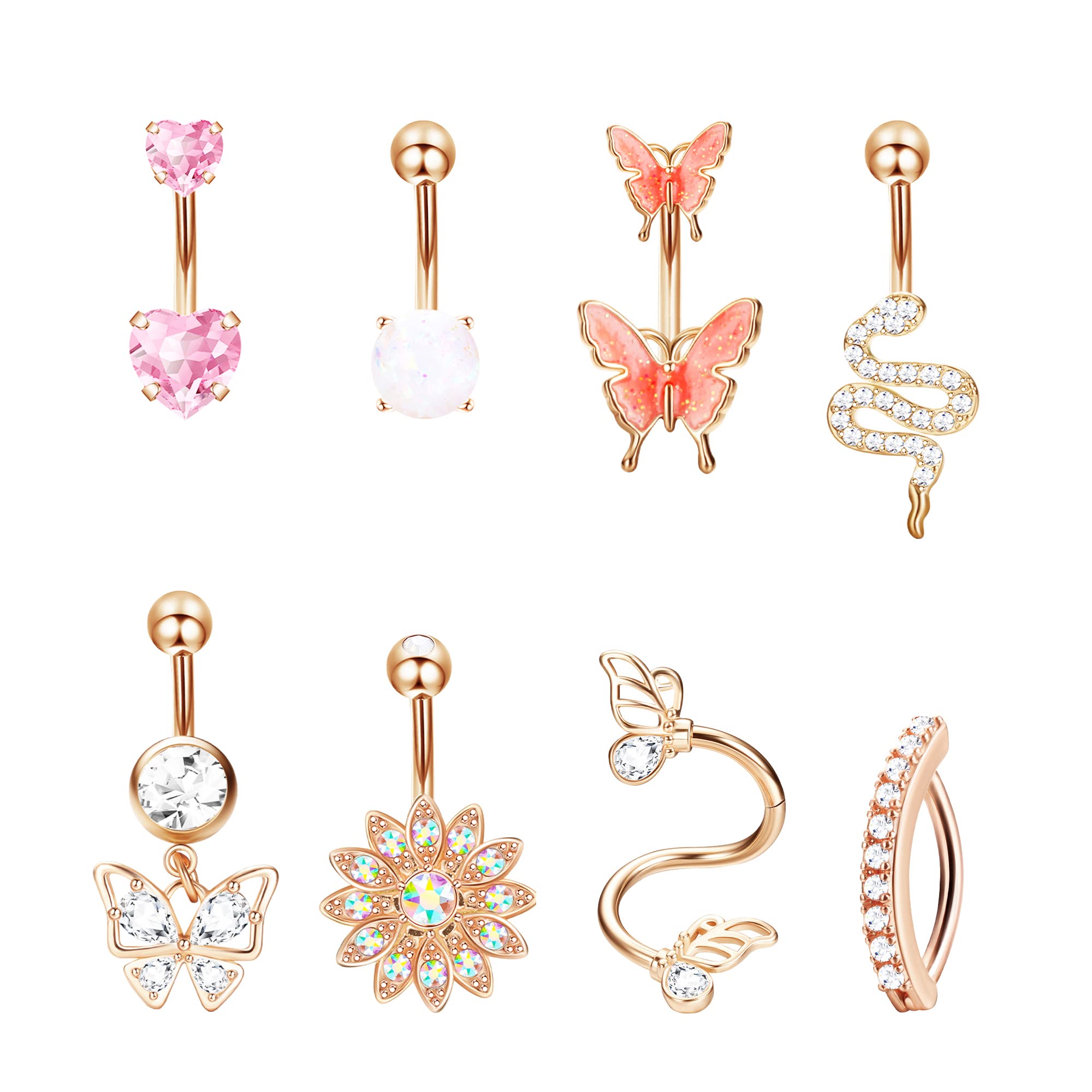 Dochais 8 Piezas Piercing Ombligo Oro Plata Oro Rosa, Piercing Ombligo Acero inoxidable, Piercing Ombligo Zircon Farfalla, Piercing Ombligo Brillante, Piercing Ombligo Colgante para Mujeres 14G 10mm
