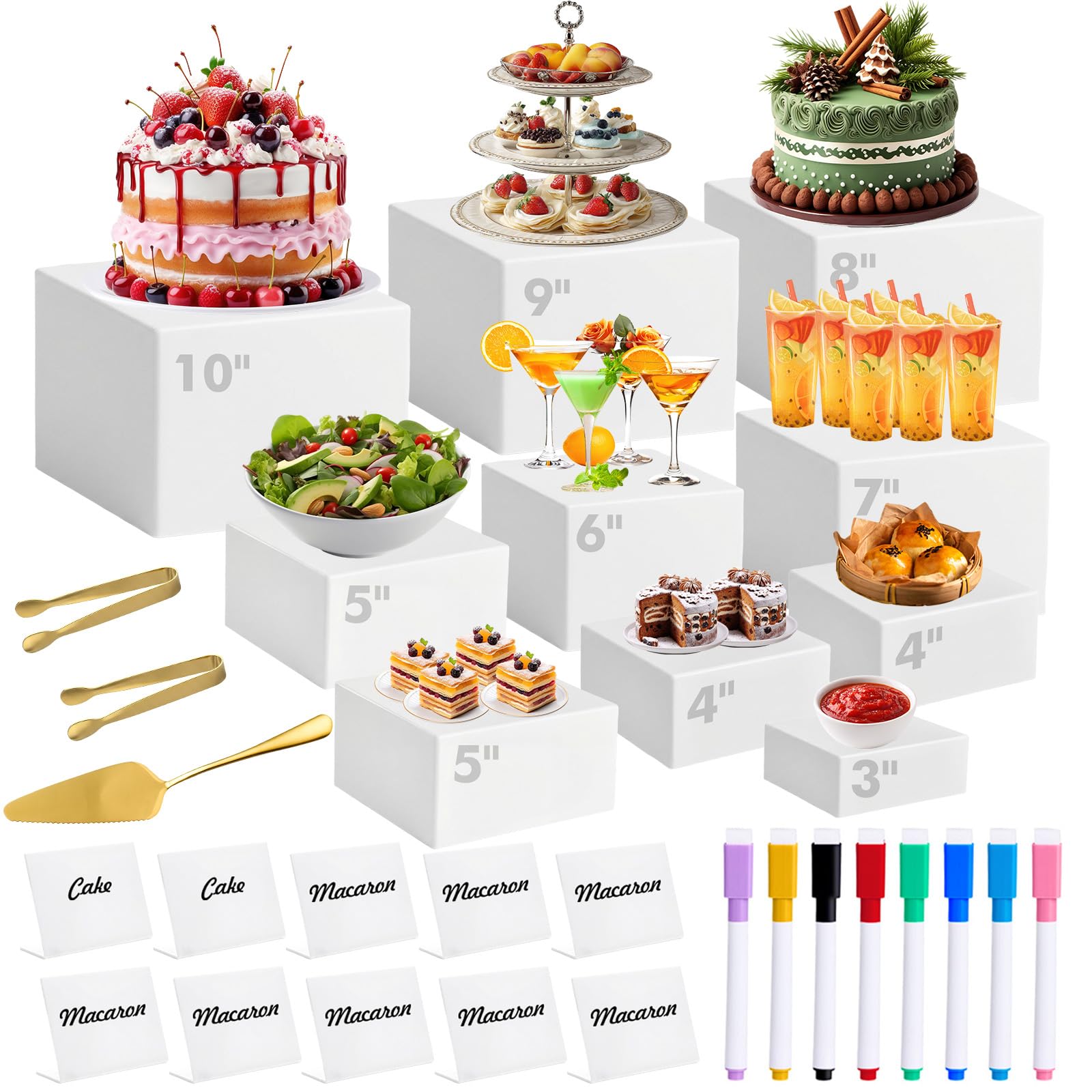 View 1 of 10 Pcs Buffet Risers with Mini Sign and Maker Serving Tongs Cake Cutter, White Acrylic Food Display Stands for Buffet Table Party Catering Dessert Nesting Cube Boxes with Hollow Bottoms (10",9",8",7",6",5",5",4",4",3")