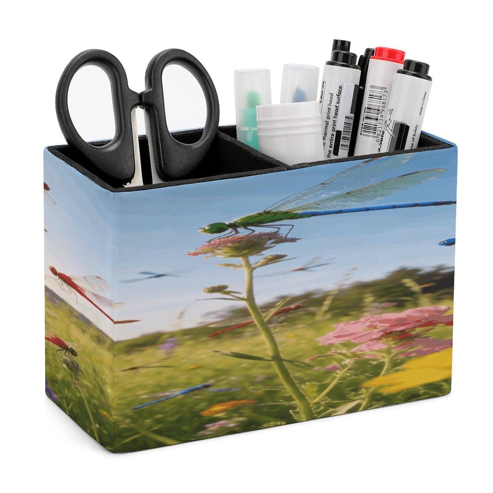LZQPOEAS Dragonfly Meadow Pen Holder Double Compartments Pen Cup Makeup Brush Holders Leather Pencil Holder Locker Organizer for Work Locker Accessories Modern Pencil Cup for Desk