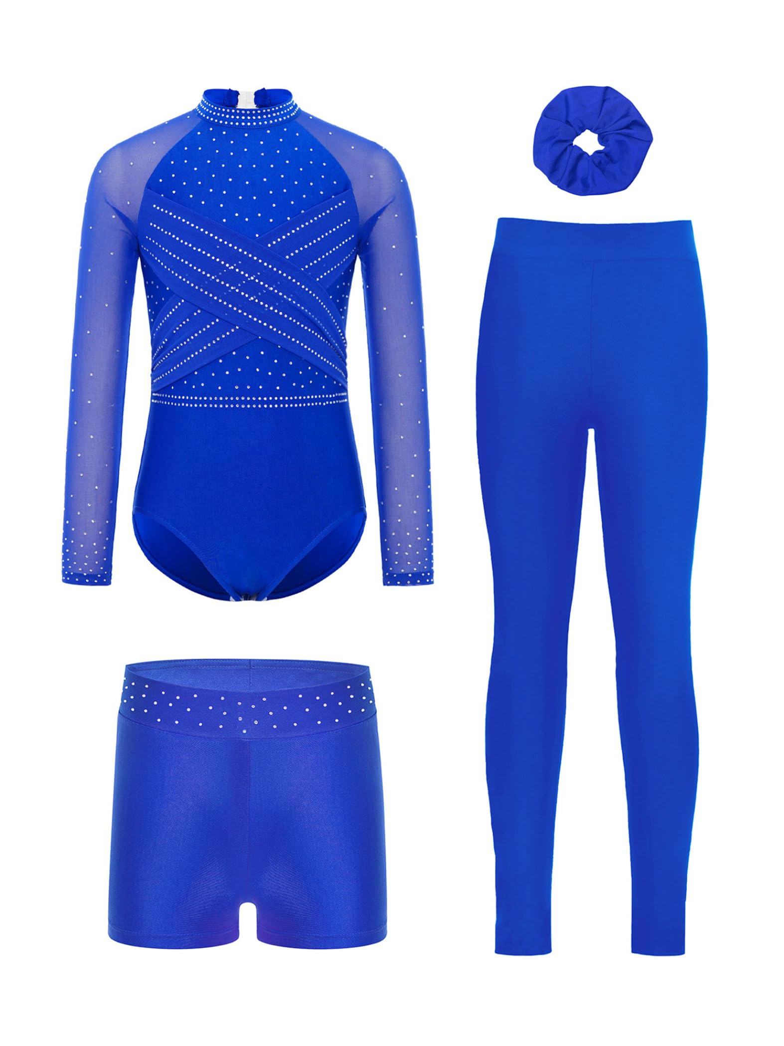 Traje Gimnasia Brillante Niña Talla Larga Mangas Con Calzón Corto Y Lazo El Cabello Traje Competición Baile