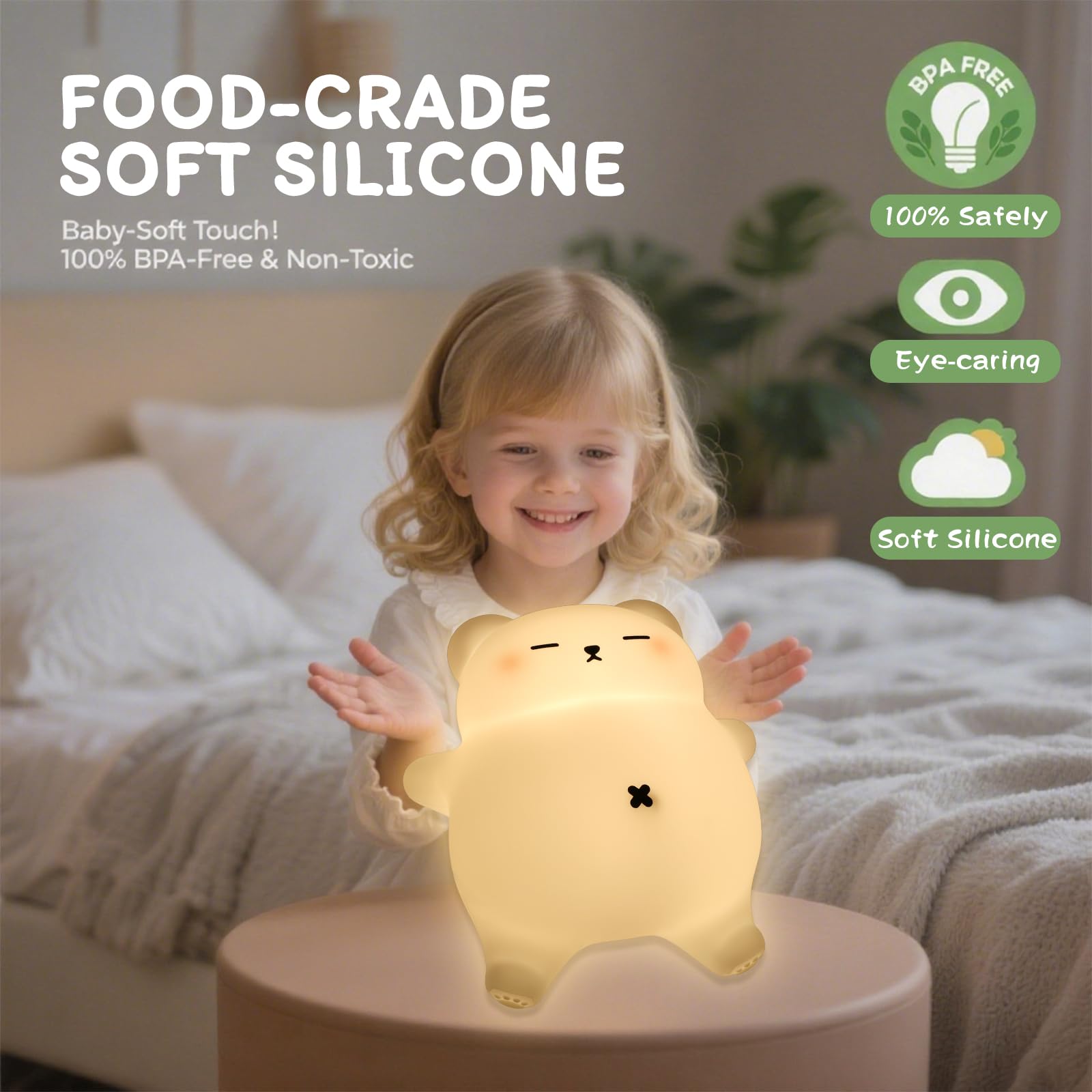 Luz nocturna de oso recargable, regalo de Navidad para mamá, regalos de baby shower con sonidos relajantes de ronquidos y barriga en movimiento, control táctil de atenuación de 3 niveles