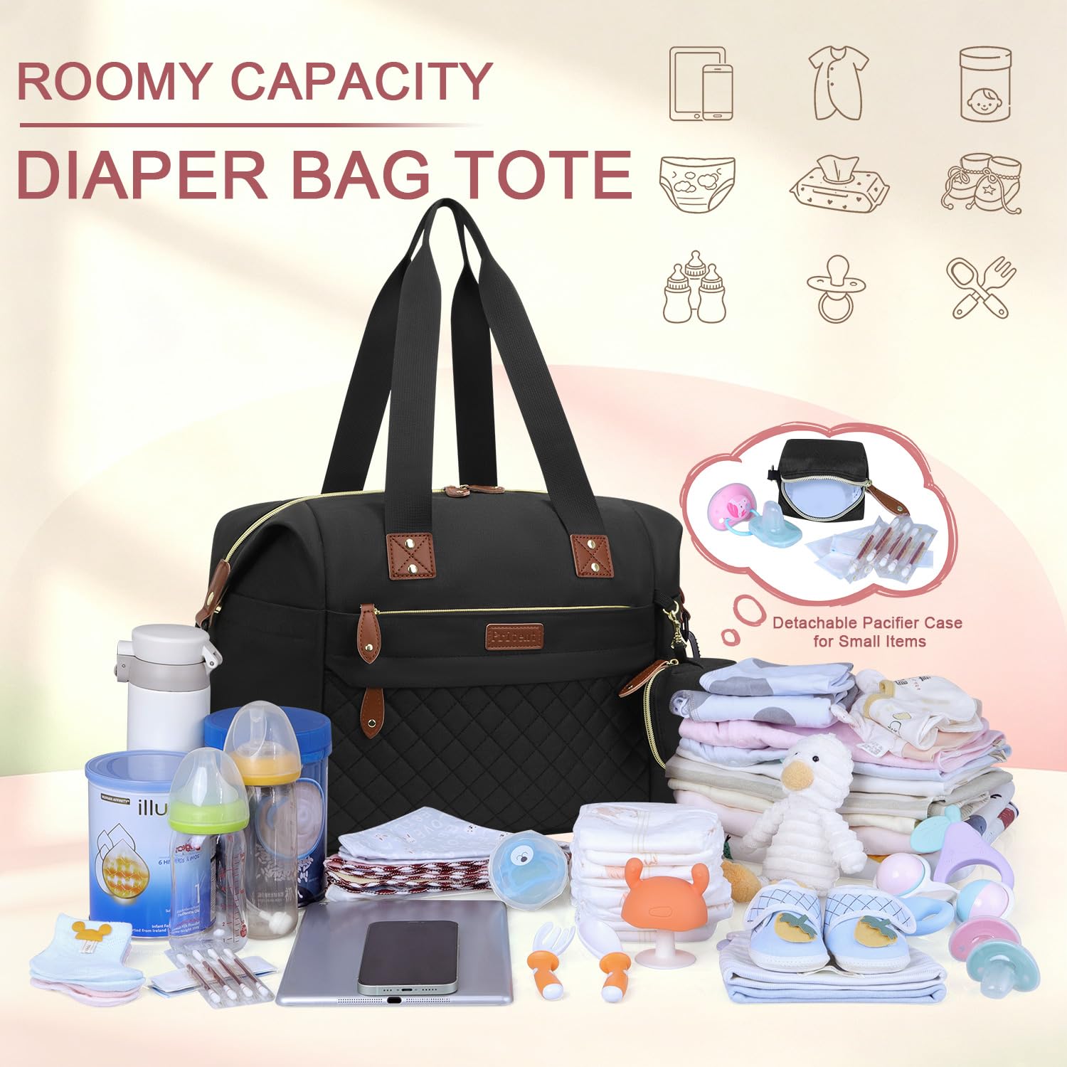 Pritent Bolsa para pañales, bolsa de pañales para bebé con funda para chupete, correas de hombro, clips para cochecito, bolsa grande impermeable para mamá, bolsa de maternidad, bolsa de viaje para
