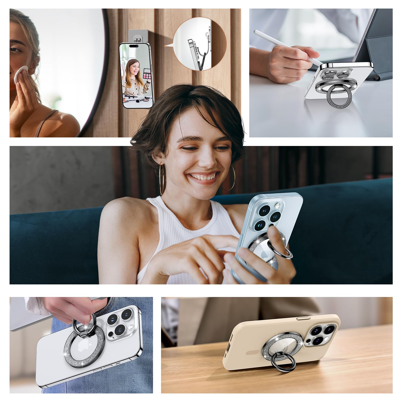 Syncwire magnetico supporto per anello del 360 ° Rotazione telefono anello magsafe compatibile con iPhone16/15/14/13 Altri Smartphone, luccichio supporto regolabile, presa confortevole- Diamante nero