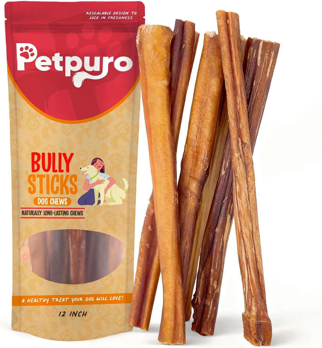 12 Inch Bully Sticks for Dogs – Long Lasting All Natural Beef Chews, High Protein Single Ingredient Dog Treats, Low Odor Pizzle Sticks for Large, Medium & Small Breeds
