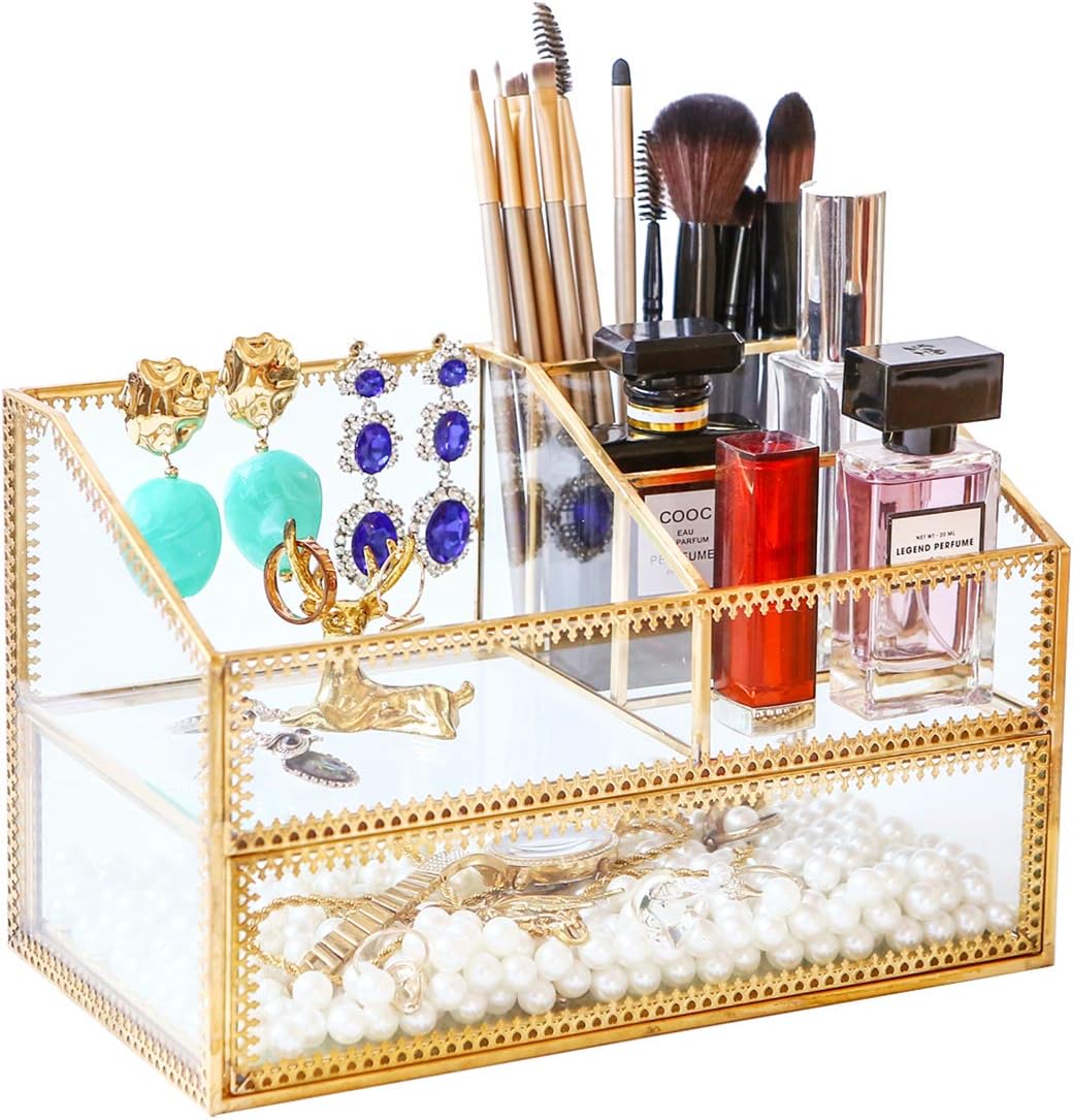 Golden Glass Box Vanity Tray Glass Case Makeup Display Organizer on Dresser, Multifunctional Cosmetic Storage for Palette Lipstick Makeup Brushes Skincare Perfumes Bathroom Accessories Golden Glass Box Vanity Tray Glass Case Makeup Display Organizer on Dresser, Multifunctional Cosmetic Storage for Palette Lipstick Makeup Brushes Skincare Perfumes Bathroom Accessories