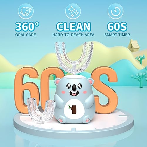 Miniatura 4 de Cepillo de dientes eléctrico en forma de U para niños, limpieza sónica automática de 360, 6 modos, 4 cabezales de cepillo, bonito diseño de koala de