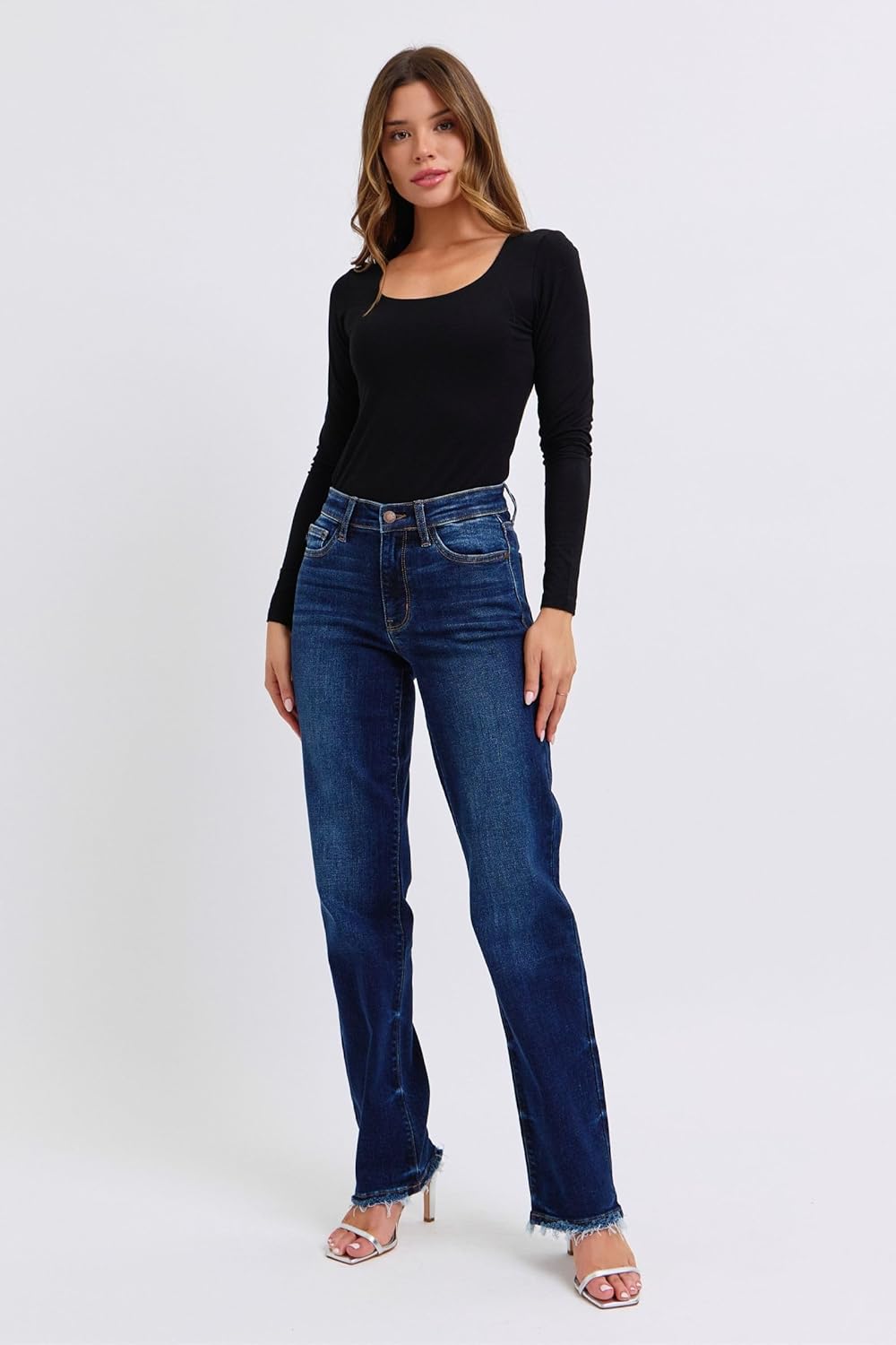 Judy Blue Mid-Rise Straight Leg Jeans w/Frayed Hem - Trendy Everyday Denim with Modern Fit & Stylish Details - 82622 - Image 3