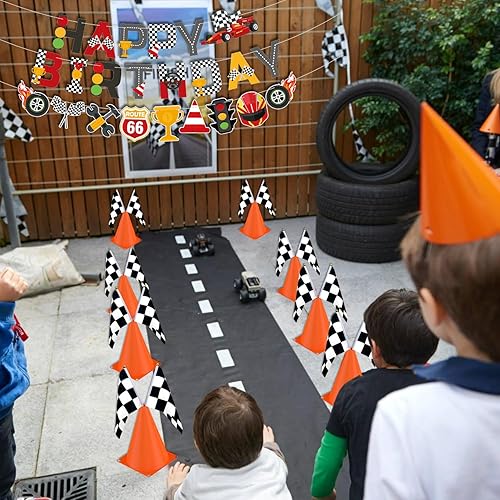 Miniatura 7 de Suministros para fiesta de cumpleaños de coche de carreras, cartel de feliz cumpleaños, 12 conos de tráfico con agujeros en la parte superior, 24