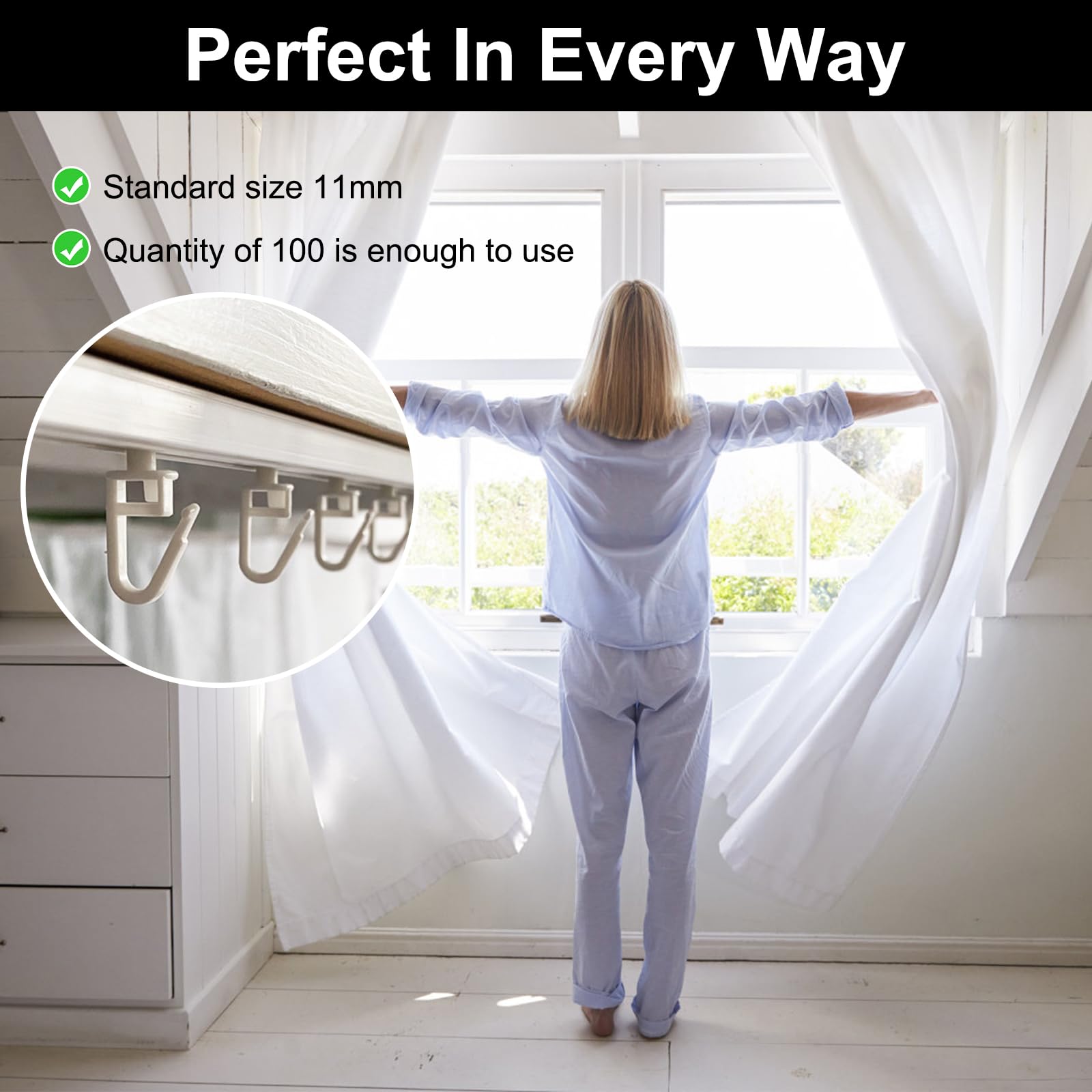 Ganci Per Tende - 100 Pezzi, Cursori Scorrevoli Per Binari 11mm, Bianco, Plastica - Foto 3