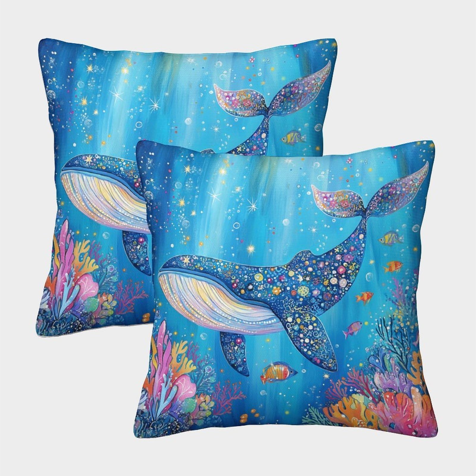 kaiyun 2 Pack Blue Whale,Coral Reef And Glittering Lights Personalised Cushion Cover Home Sofa Decoration 40x40cm Pillow Covers