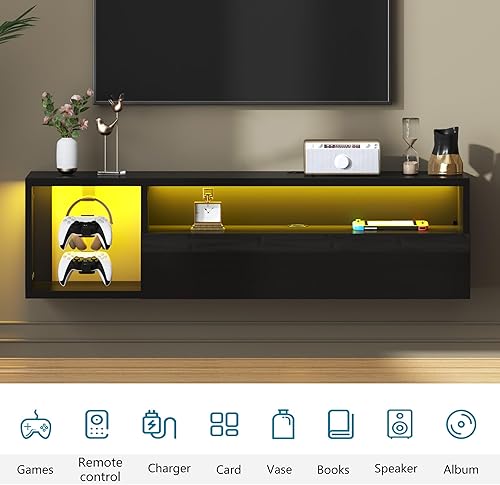 Miniatura 5 de SogesHome Soporte de TV flotante de 39 pulgadas con luces LED, centro de entretenimiento montado en la pared con 3 estantes de almacenamiento,