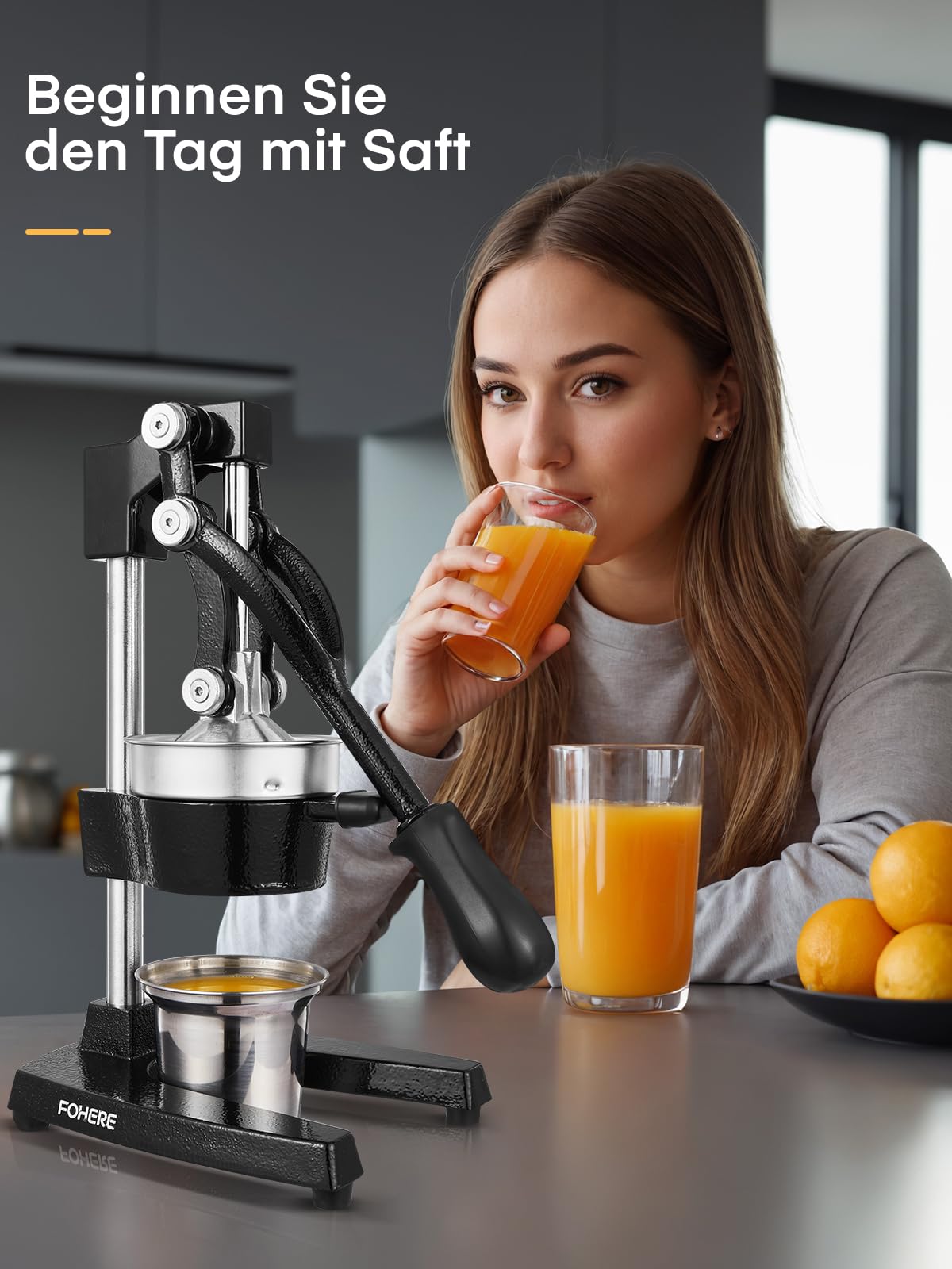 FOHERE Saftpresse Manuell, Professionelle Orangenpresse Handpresse für Orangen, Zitronen, Granatäpfel, Grapefruits, Leicht zu Reinigende Zitruspresse mit Edelstahlbecher