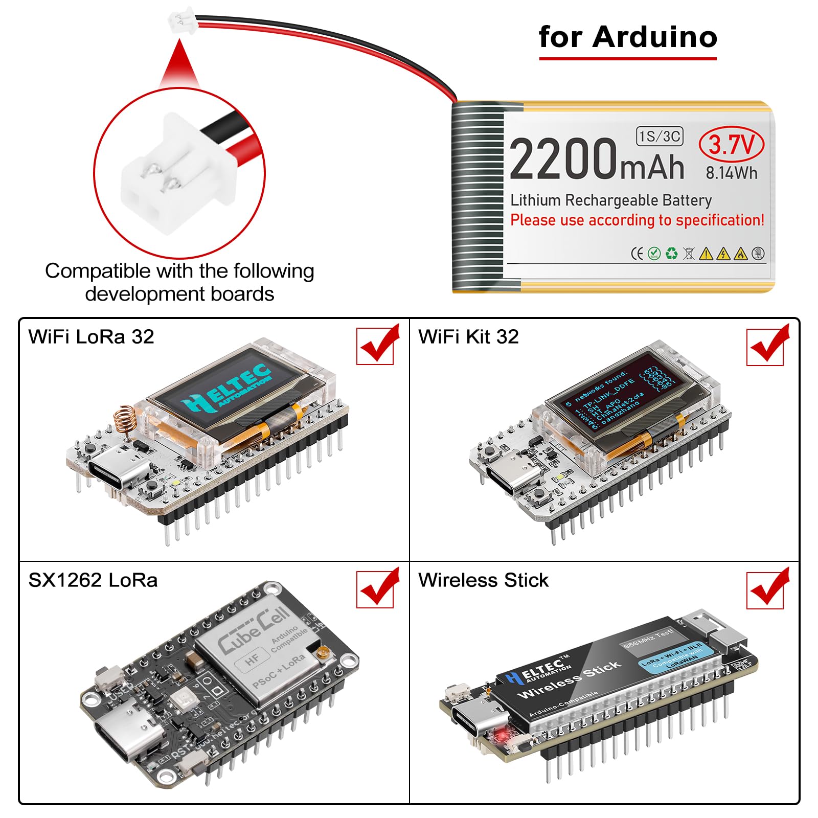 Lot de 4 batteries LiPo rechargeables 3,7 V 2200 mAh 1S 3C avec carte de protection, ruban isolant en caoutchouc, connecteur Micro JST 1.25 pour carte de développement Arduino ESP32
