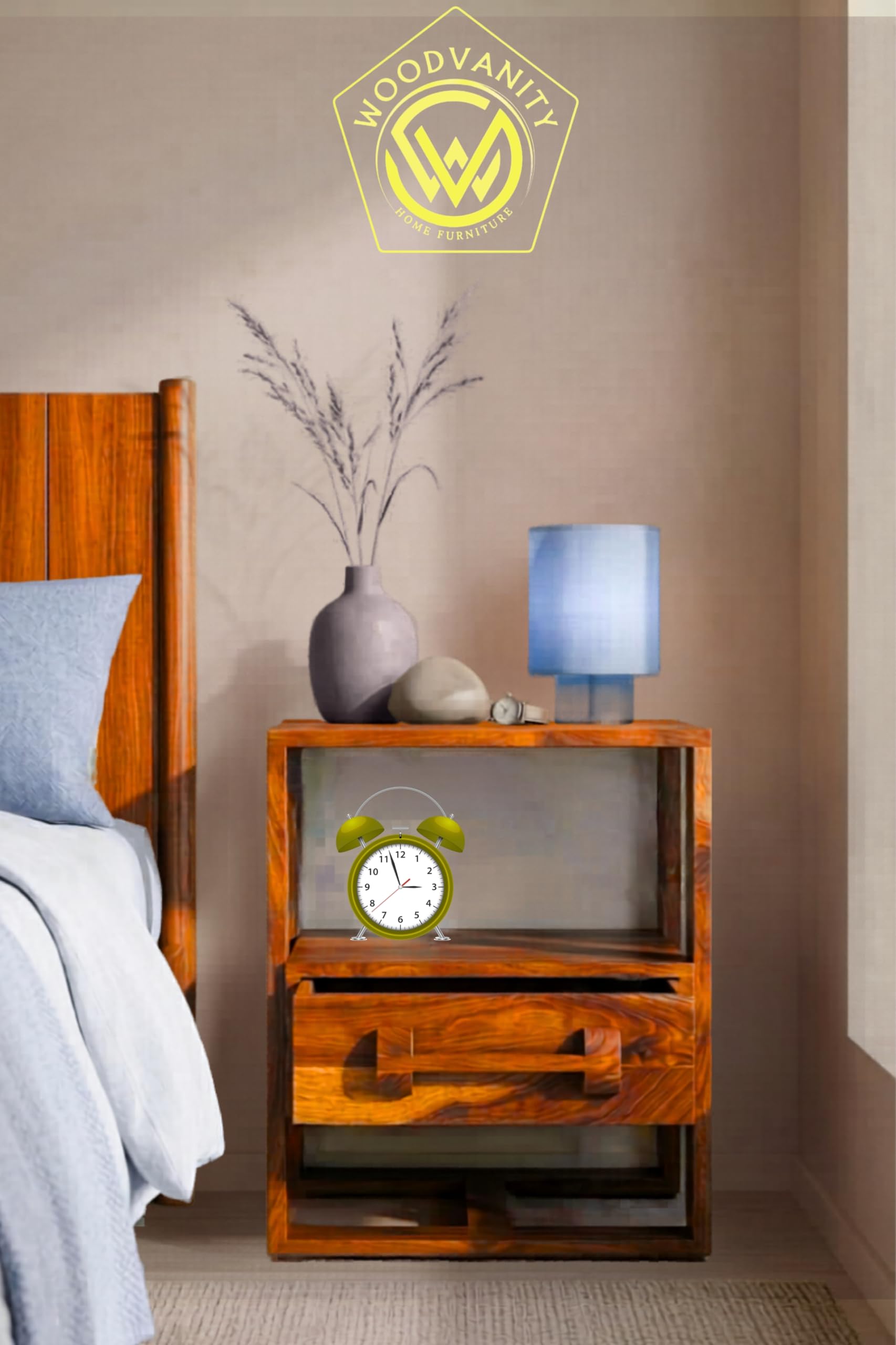 Solid Sheesham Wood Bedside Table with Drawer & Open Shelf | Wooden Nightstand for Bedroom | End Table for Bedroom & Living Rooms | Wooden Finish-image-28