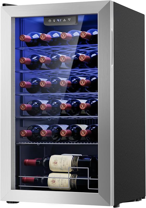 25 Bottle Wine Cooler Refrigerator,Freestanding Wine Fridge,Silver | Compressor Cooled, 41-64°F Adjustable Temp, Double-layer Glass Door, Stores Red & White Wine, Home Bar Use